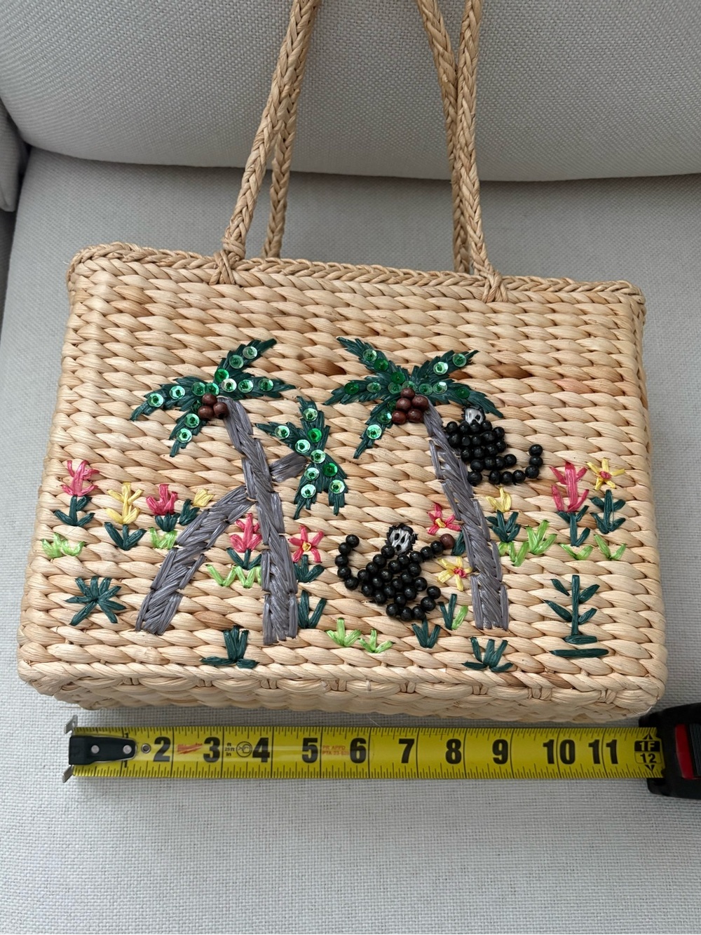 Artisan Straw Woven Tote Palm Tree Monkey Embellished Coastal Resort Handbag - Picture 3 of 8